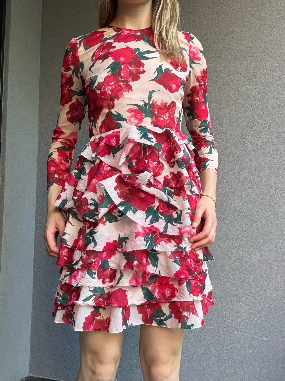 French Connection Floral Ruffle Tiered Long-Sleeve Dress in Pink and Red